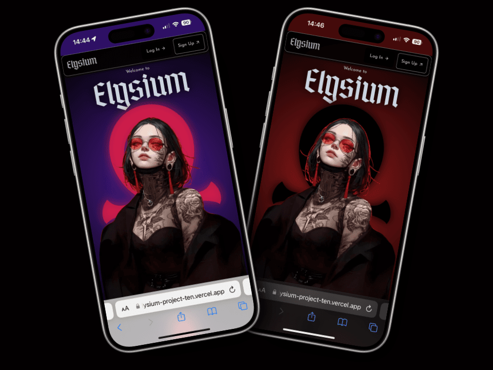 Two phones showing Elysium in the Classic Masquerade and Neon Nights themes.