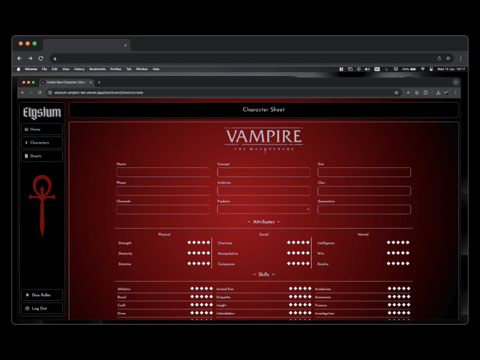 A full Vampire: The Masquerade character sheet in Elysium, with attribute and skill dots.