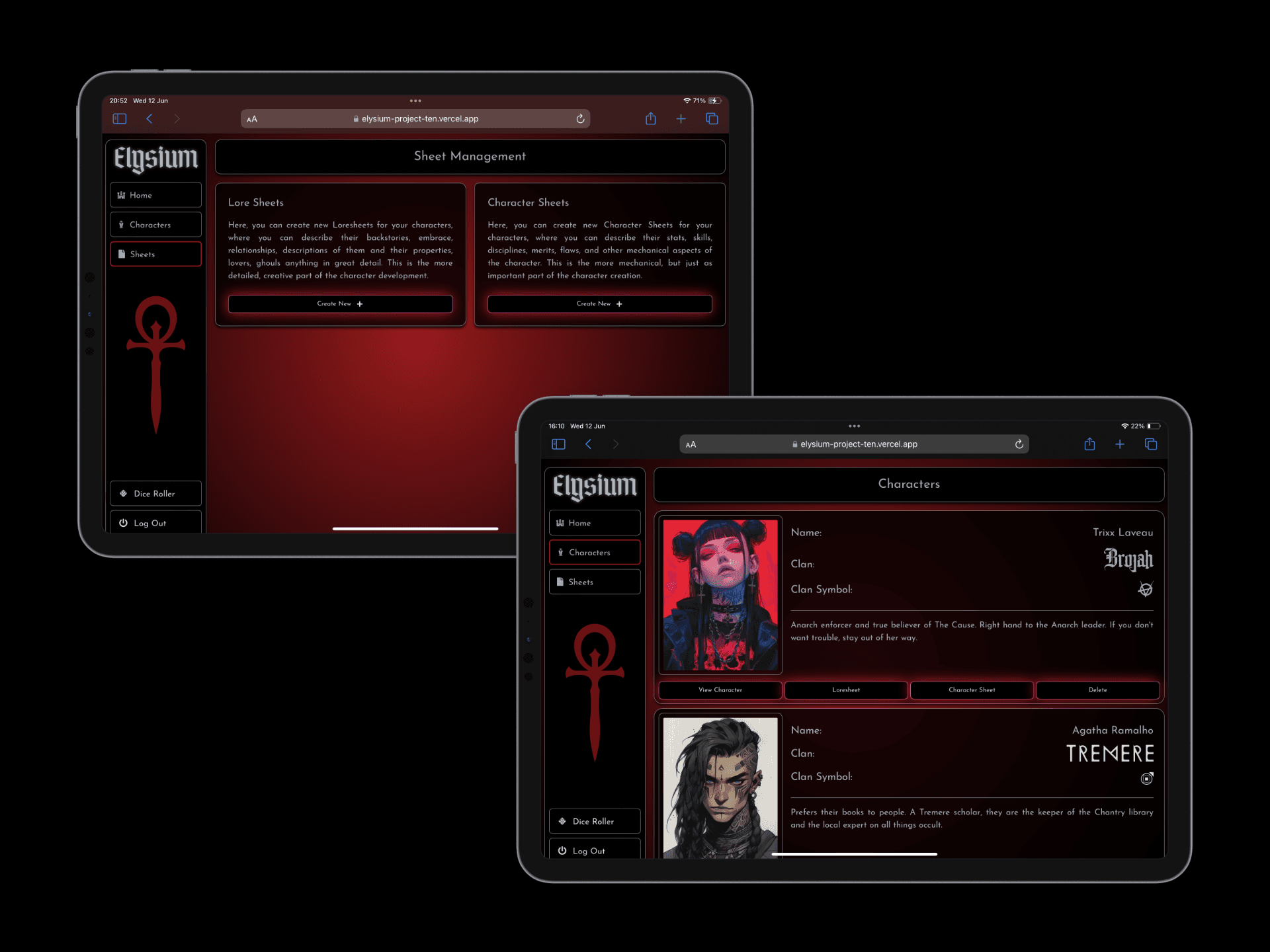 The Elysium character gallery on an iPad, showing character portraits with their clan symbols.